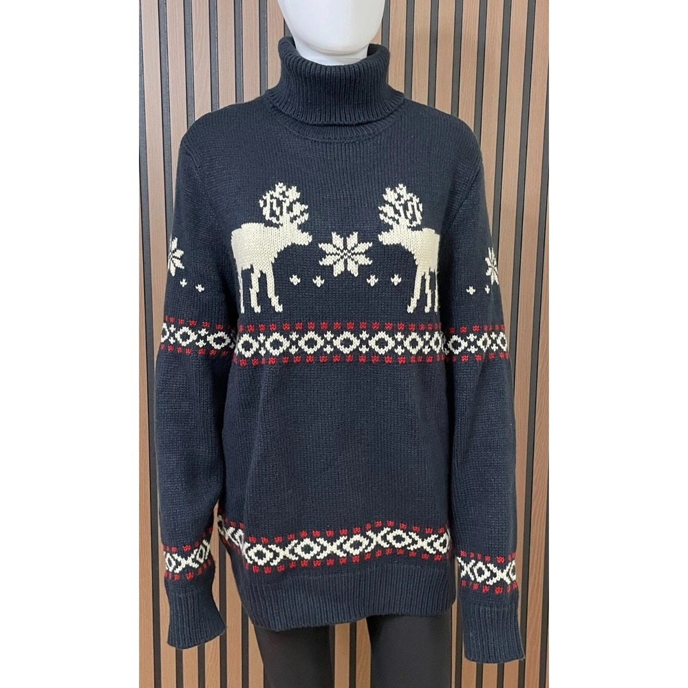 H&M LOGG Men's M‎ Navy Blue Reindeer Christmas Fair Isle  Sweater Knit Nordic